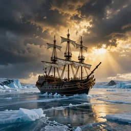 a large pirateship frozen in ice on a glaciallake, landscape photography by marc adamus, dramatic lighting, thunderclouds, dramatic, rule of thirds, golden ratio, ambient lighting, wlop, artgerm, artstation, highly detailed masterpiece, dark fantasy art, intricate details, elegant, ultra realistic, trending on artstation