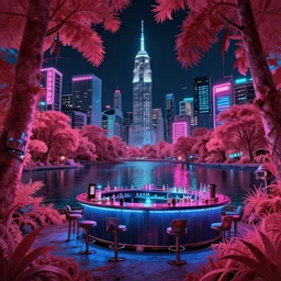 urbex by richard diebenkorn, junglepunk cyberpunk lightpaint lake neon signs reclaimed by nature infrared cgsociety studio ghibli scumm bar at night crystal liberty city uv light landscape, archdaily, wallpaper, highly detailed, trending on artstation.