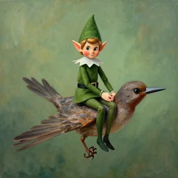 an elf riding a bird, by scott gustafson