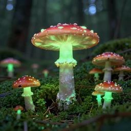 a bright green forest full of colorful glowing mushrooms