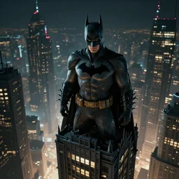 octane render of batman beyond atop of a cinematic keyframe of a cyberpunk gotham city building at night, highly detailed, sharp focus, unreal engine highly rendered,, radiant light, subtle light fog