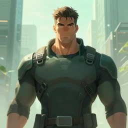 battle hardened, overpowering, pragmatic, charismatic character male handsome muscular wearing techwear - shirt, face centered portrait, confident, modern cityscape, outdoors, architecture, fog, sunny, volumetric lighting, illustration, perfectly shaded, greenish tinge, cold lights soft painting, art by krenz cushart and wenjun lin