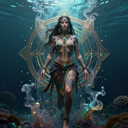 a centered full body render of an alluring festival hippy with tribal tattoos surrounded by a underwater ink pour and flowing liquid gallium and sacred geometry, perfect body and face, gorgeous, cinematic, beautifully lit, by gaston bussiere, by karol bak, by donato giancola, 3 d, trending on artstation, octane render, 8 k