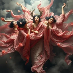 top angle view, wide lens of multiple asian female god draped in flowery dress, dancing with each other, beautiful concept painting by caravaggio, ruan jia, jakub rebelka, artgerm, greg rutkowski, edgar maxence