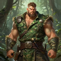 a portrait of a giga chad warrior, wearing camouflage, holding a sword, green vietnam vest, jungle, deep focus, d & d, fantasy, intricate, elegant, highly detailed, digital painting, artstation, concept art, matte, sharp focus, illustration, hearthstone, art by artgerm and greg rutkowski and alphonse mucha