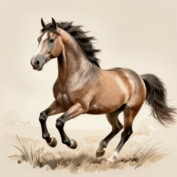 A beautiful illustration of a horse. The horse is shown running through a field with a flowing mane and tail. The background is a peaceful blue sky. heliotrope by Mark Arian, by Herbert List