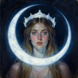Artemixel, the modern reincarnation of the old selenium god of hunt, also known as Artemis the Selene, carrying the celebrated Crown of the Crescent Moon, wich its usual bright and slightly bluish crescent like the brightness of the night. Portrait by Guillermo Lorca, oil on canvas
