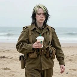 billie eilish as a world war 2 combat soldier, landing on the beaches of normandy, holding a starbucks coffee, gritty feel.