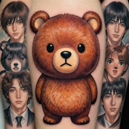 a tattoo design of a chibi bear mascot, by takehiko inoue and kim jung gi and hiroya oku, by thomas kinkade and greg rutkowski and ilya kuvshinov, masterpiece illustration, ultrarealistic, perfect face and anatomy, golden ratio