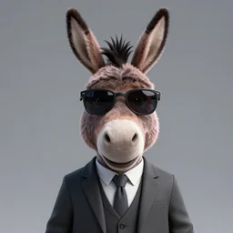 3D render of a donkey character in a suit wearing cool sunglasses, gray background, amazing detail, artstation, unreal engine 5, render