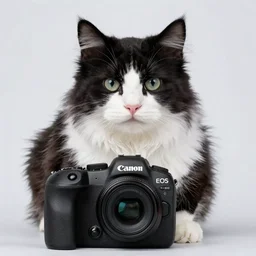 fluffy black and white cat portrait, white cheeks, aesthetic highly detailed soft fur and paws, professionally shot photorealistic 8k photograph, 35mm Canon EOS R3, rendered in octane, by Natalie Große and Jason Allison