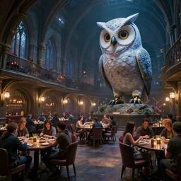 a cyberpunk hogwarts dining hall, with a giant robot owl, by paul lehr