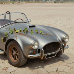 closeup of rusty shelby cobra, 80mm lens, vine covered, desert, cracked dry lake bed, by Zdzislaw Beksinski, Norman Rockwell, highly detailed, soft lighting, film grain, 8k resolution, oil on canvas