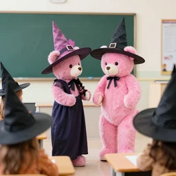 a pink teddy bear witch teaching a classroom of younger teddy bear witches