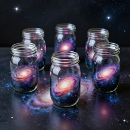 5 glass jars sitting on a table filled with galaxies