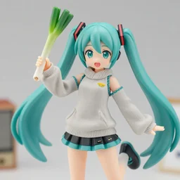 still figurine of hatsune miku in comfy sweater, holding a green onion, eyes by kon satoshi, personification, dynamic pose, detailed product photo, featured on amiami, tone mapped, beautiful composition, 8 5 mm, f. 1 4