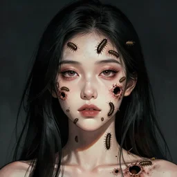 portrait of a beautiful woman with long black hair and dozens of grubs on her face, coming out of holes in her skin, trypophobia, horror art, dramatic lighting, illustration by Greg rutkowski, yoji shinkawa, 4k, digital art, concept art, trending on artstation