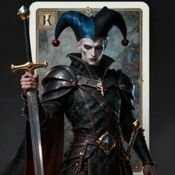 an oil art portrait of young handsome pale roma, grim dark jester from gwent cards, gipsy blood mage with great sword character design from inquisition, 4 k, ultra detail, volumetric lighting, unreal engine, octane render