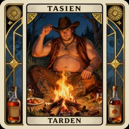 a dramatic, ethereal painting of a handsome chunky mischievous cowboy with an open leather vest and beer belly sitting behind a campfire at night with food and jugs of whisky | tarot!! card, art deco, art nouveau | by Mark Maggiori | trending on artstation