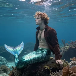 male merlock holmes mermaid with a big mermaid tail sitting at the bottom of the sea under water in the style of romanticism
