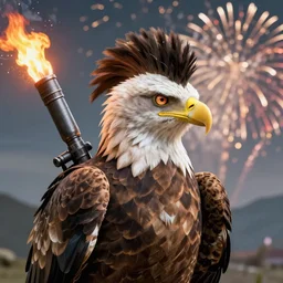 a portrait of an eagle with a mohawk and flamethrower in a scenic environment with fireworks in the background