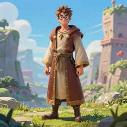 spiky brown very short hair and glasses mage wearing robe, dndbeyond, bright, colourful, realistic, dnd character portrait, full body, pathfinder, pinterest, art by ralph horsley, dnd, rpg, lotr game design fanart by concept art, behance hd, artstation, deviantart, hdr render in unreal engine 5