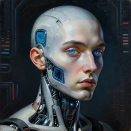 painting by caravaggio. portrait of a slick futuristic cyborg with lcd screen skin. hyper realistic. cyberpunk background. intricate details