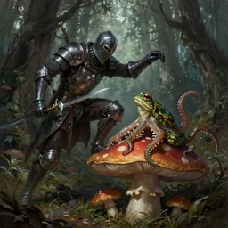 a knight fighting cthulhu octopus frog sitting on a mushroom, full body shot, highly detailed, forest, digital painting, concept art, sharp focus, illustration, masterpiece, matte painting, glorious, unsettling, by lovecraft and greg rutkowski, luis royo and wayne barlowe, artstation