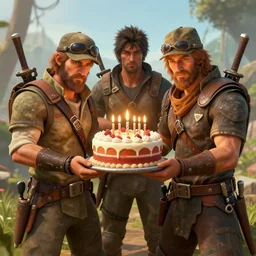 a matte painting of hunters from hunt showdown videogame holding a birthday cake, digital art, very detailed, in the style of greg rutkowski,