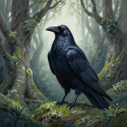 raven god in the lichen woods. this gouache painting by an indie artist has an interesting color scheme, plenty of details and impeccable lighting.