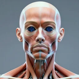 a portrait of a biomechanical human, eyes replaced with an a array of sensors, muscle striation visible, 8k, color airbrush, by Simon Bisley