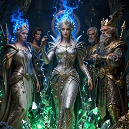 the female arcanist and the male artificer by zacharias aagaard and gerald brom and zdzisław beksinski and james gilleard and wayne barlowe and marc simonetti and jean delville, beautiful, robes, highly detailed, hyperrealistic, intricate, energy, electricity, blue flame, low light, green crystal, high contrast