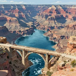 concept art painting of a grand canyon with ocean inside, filled with water, with unfinished stone bridge under construction, realistic, detailed, cel shaded, in the style of makoto shinkai and greg rutkowski and james gurney
