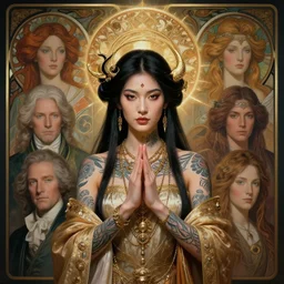 symmetrical portrait painting, asian shamanic priestess, tattoos, higher self, fantasy, beautiful, gorgeous, magic, cinematic lighting, hyper realistic, sharp focus, dof, by thomas kinkade, lise deharme, hans zatzka, george stubbs, louis wain, alphonse mucha, intricate, beautiful, award winning, artstation, pixiv