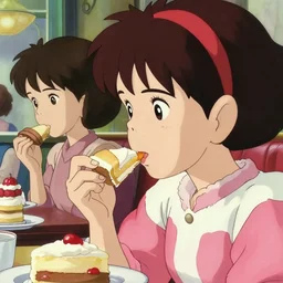 closeup profile portrait of 1 9 5 0 s anime girls eating cakes in a diner, greg rutkowski makoto shinkai takashi takeuchi studio ghibli, hyper realistic, artstation, illustration, digital paint, matte paint, vivid colors, bright, cheerful, detailed and intricate anime environment