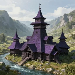 concept art, wooden tower located in the mountain stream, it is a wood purple black attic and tower building group. there is a large four corner attic building in the middle, and there are smaller attics and towers around, unreal engine, hyperdetailed, pixiv, cg society 4 k