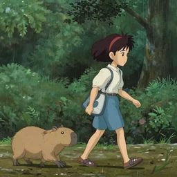 a young girl with her pet capybara walking through the forest, raining, shot from the side, art by hayao miyazaki, studio ghibli film, 4k, hi res, high detail