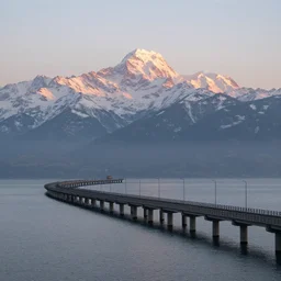 bandra - worli sea link in switzerland, snow mountains in background, soft light, sunrise, cinematic, high resolution, ultra detailed, stunning shot