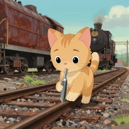 wholesome animation key shot, kitten explore an abandoned train yard, rust, schwerer gustav!!!!, studio ghibli, pixar and disney animation, sharp, disney concept art watercolor illustration by mandy jurgens and alphonse mucha and alena aenami, pastel color palette, dandelion seeds, bloom!!! dramatic lighting