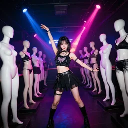 an award winning photograph of a skinny cute goth girl at a night club dancing with a room full of mannequins, neon spotlights, canon 3 5 mm wide view lens viewpoint