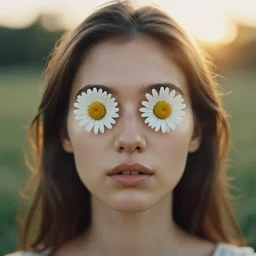 head and shoulder frontal face portrait photography of a beautiful woman with daisies over her eyes by mark owen. kodak portra. ( depth of field ). whirl bokeh!!. golden hour. detailed. hq. realistic. warm light. muted colors. lens flare. mamiya 7 ii, f / 1. 2, symmetrical balance, in - frame