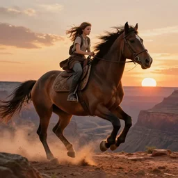 spirit, the wild horse from the spirit movie, with the young girl lucky on his back galloping next to a canyon into the sunset, movie poster, intricate detail, 8 k, trending on artstation, octane render