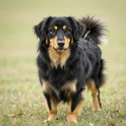 a long haired black - yellow dog - n 4