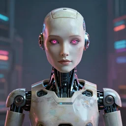 friendly humanoid cyber robot, award winning, portrait bust, symmetry, faded colors, cypherpunk background, alan blackwell, masterpiece, trending on artstation, cinematic composition, beautiful lighting, hyper detailed!!!, 8 k, unreal engine 5