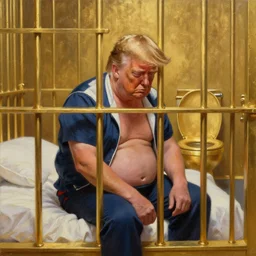 trump in a golden jail cell, behind golden bars, with a gold toilet in the background. trump is sitting on the bed sad and bloated. his golden hair disheveled revealing his bald spot. he is crying. detailed illustration. photorealistic oil painting.
