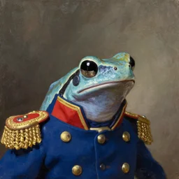 a head - and - shoulders portrait of an amazon milk frog wearing a blue continental army uniform with gold lace epaulets without a hat, an american romanticism painting, oil on canvas, cgsociety, soft focus