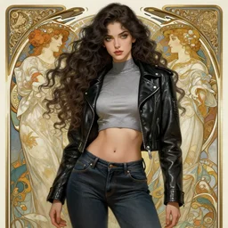 girl in cyberpunk! top and gray and black! leather jacket, open belly, long dark curly hair, high waist jeans, intricate, elegant, highly detailed, digital painting, artstation, concept art, smooth, illustration, art by artgerm and greg rutkowski and alphonse mucha