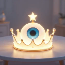 a glowing crown sitting on a table with one large beautiful eye on top of it like a jewel, stars on top of the crown, night time, vast cosmos, geometric light rays, bold black lines, flat colors, minimal psychedelic 1 9 5 0 s poster illustration