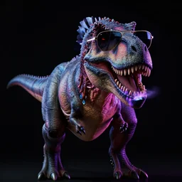 still of a photorealistic concept art of a real T-Rex wearing sunglasses, black background, in the movie Blade Runner 2049, HD, neon lit, highly detailed, no text