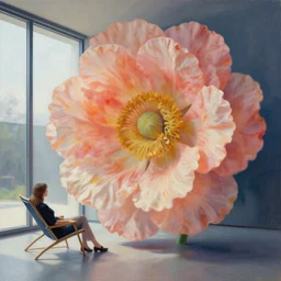 closeup, a huge flower head, woman sitting on lounge chair by a modern window, surreal photography, studio light, impressionist painting, digital painting, artstation, simon stalenhag
